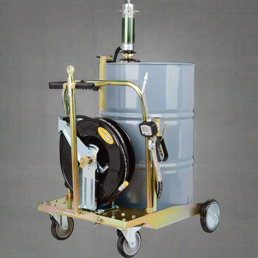 “Mobile 5:1 oil pump kit with hose reel and digital meter”

“Industrial air-operated oil transfer system on trolley”

“Pneumatic oil pump for 55-gallon drum with 12 ft hose”

“Heavy-duty drum cart oil dispensing system”

“Oil pump with digital control valve and large wheels”