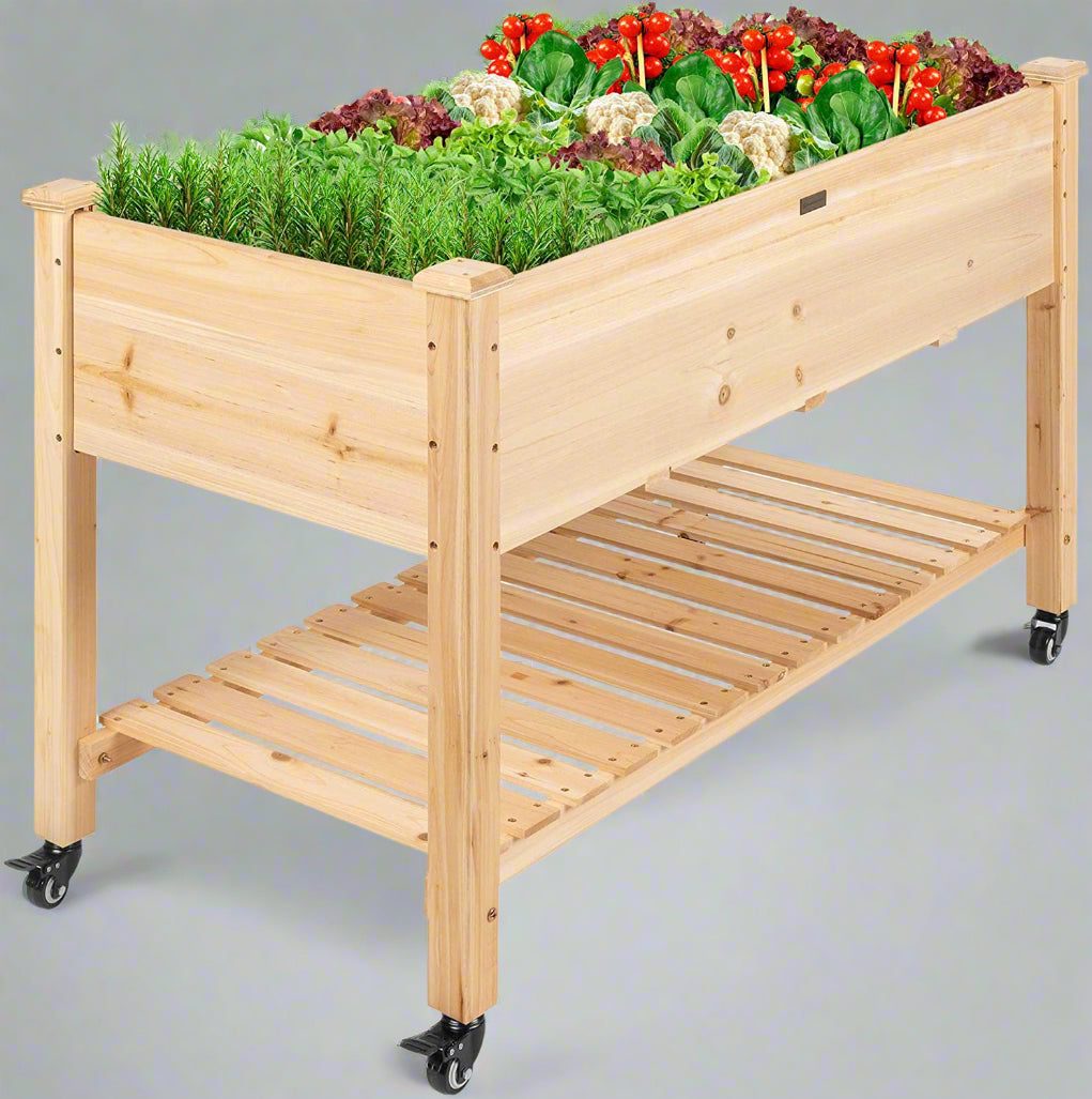 Mobile raised wooden garden bed with wheels and storage shelf

Elevated planter box with ergonomic height and rolling wheels

Lockable wheel detail on raised mobile garden planter

Wooden planter with lower storage shelf for gardening tools

Compact mobile raised bed for patio or balcony