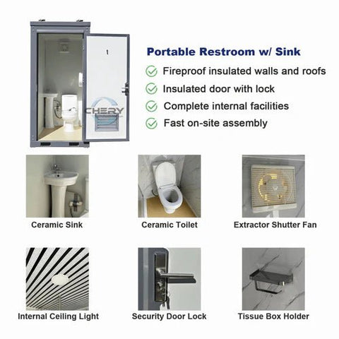 Gray single toilet portable restroom trailer
Double stall mobile toilet unit for construction use
Interior view of portable washroom with sink
Mobile shower unit with privacy enclosure
Pre-installed fixtures inside portable toilet and shower model