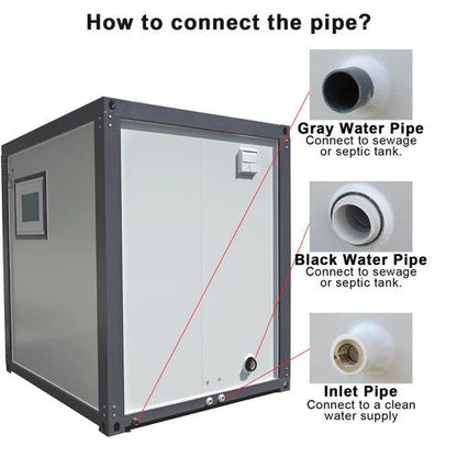 Gray single toilet portable restroom trailer
Double stall mobile toilet unit for construction use
Interior view of portable washroom with sink
Mobile shower unit with privacy enclosure
Pre-installed fixtures inside portable toilet and shower model