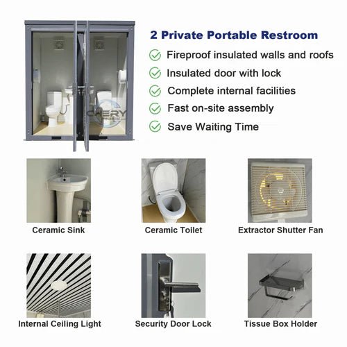 Gray single toilet portable restroom trailer
Double stall mobile toilet unit for construction use
Interior view of portable washroom with sink
Mobile shower unit with privacy enclosure
Pre-installed fixtures inside portable toilet and shower model