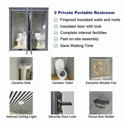 Gray single toilet portable restroom trailer
Double stall mobile toilet unit for construction use
Interior view of portable washroom with sink
Mobile shower unit with privacy enclosure
Pre-installed fixtures inside portable toilet and shower model