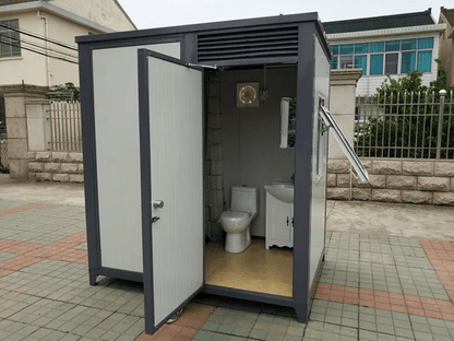 Gray single toilet portable restroom trailer
Double stall mobile toilet unit for construction use
Interior view of portable washroom with sink
Mobile shower unit with privacy enclosure
Pre-installed fixtures inside portable toilet and shower model