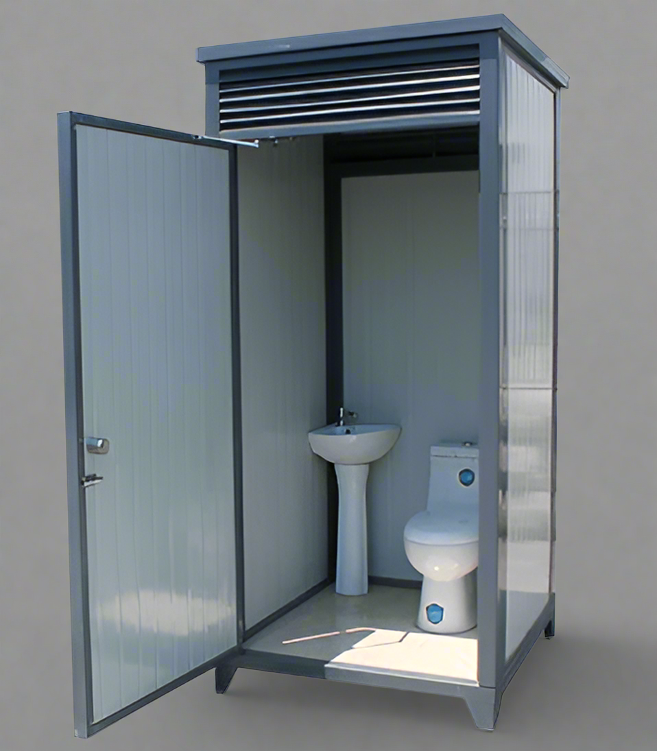 Gray single toilet portable restroom trailer
Double stall mobile toilet unit for construction use
Interior view of portable washroom with sink
Mobile shower unit with privacy enclosure
Pre-installed fixtures inside portable toilet and shower model