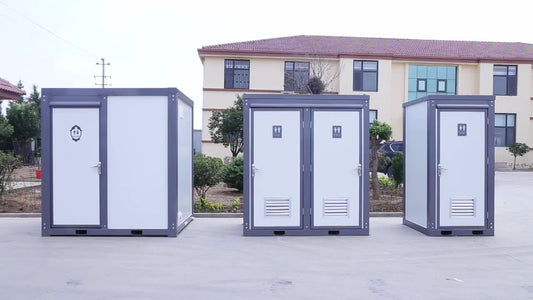 Gray single toilet portable restroom trailer
Double stall mobile toilet unit for construction use
Interior view of portable washroom with sink
Mobile shower unit with privacy enclosure
Pre-installed fixtures inside portable toilet and shower model
