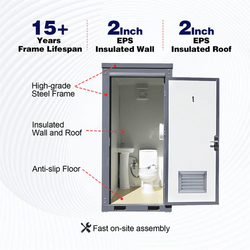 Gray single toilet portable restroom trailer
Double stall mobile toilet unit for construction use
Interior view of portable washroom with sink
Mobile shower unit with privacy enclosure
Pre-installed fixtures inside portable toilet and shower model
