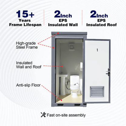 Gray single toilet portable restroom trailer
Double stall mobile toilet unit for construction use
Interior view of portable washroom with sink
Mobile shower unit with privacy enclosure
Pre-installed fixtures inside portable toilet and shower model