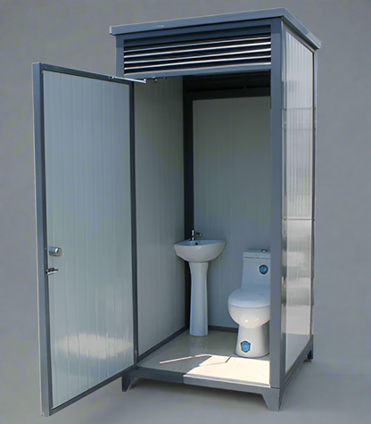 Gray single toilet portable restroom trailer
Double stall mobile toilet unit for construction use
Interior view of portable washroom with sink
Mobile shower unit with privacy enclosure
Pre-installed fixtures inside portable toilet and shower model