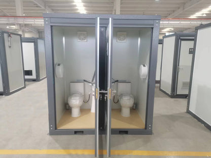 Gray single toilet portable restroom trailer
Double stall mobile toilet unit for construction use
Interior view of portable washroom with sink
Mobile shower unit with privacy enclosure
Pre-installed fixtures inside portable toilet and shower model