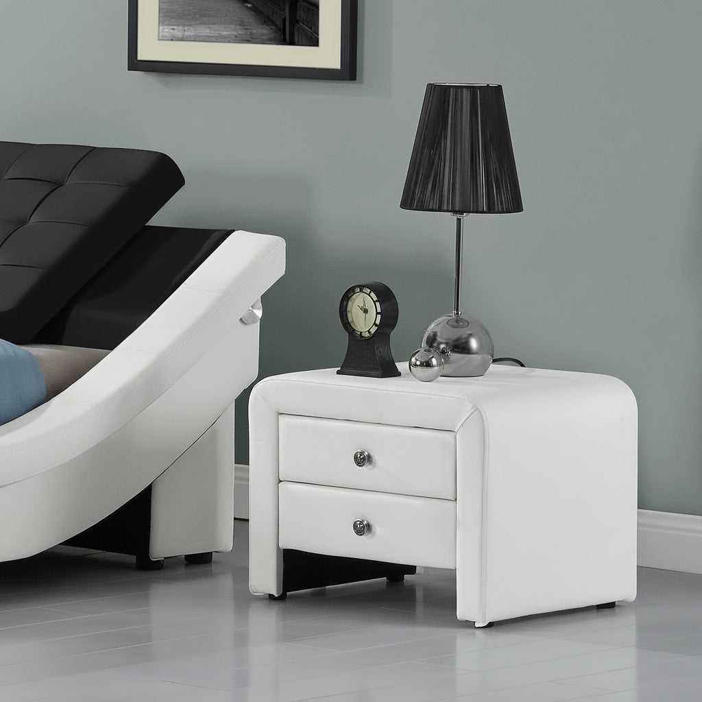 "Modern 2-Drawer Upholstered Bedside Table Nightstand – White Finish"

"Contemporary Black Faux Leather Nightstand with Two Drawers"

"Modern White Bedside Table with Sleek Upholstered Finish"

"Minimalist 2 Drawer Nightstand for Bedroom Storage"

