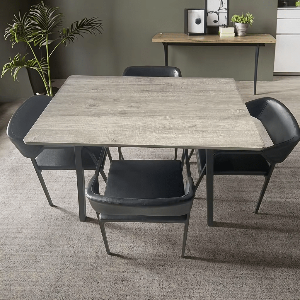 5-piece modern dining set with grey tabletop and black leather chairs
Rectangular grey dining table with black padded chairs
