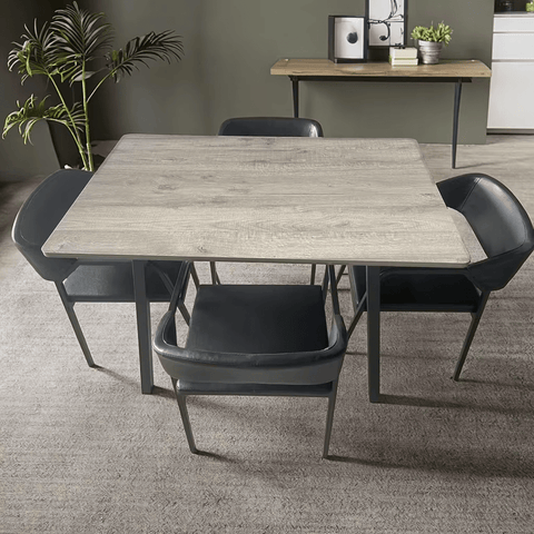 5-piece modern dining set with grey tabletop and black leather chairs
Rectangular grey dining table with black padded chairs
