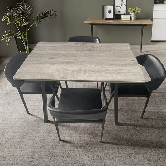 5-piece modern dining set with grey tabletop and black leather chairs
Rectangular grey dining table with black padded chairs