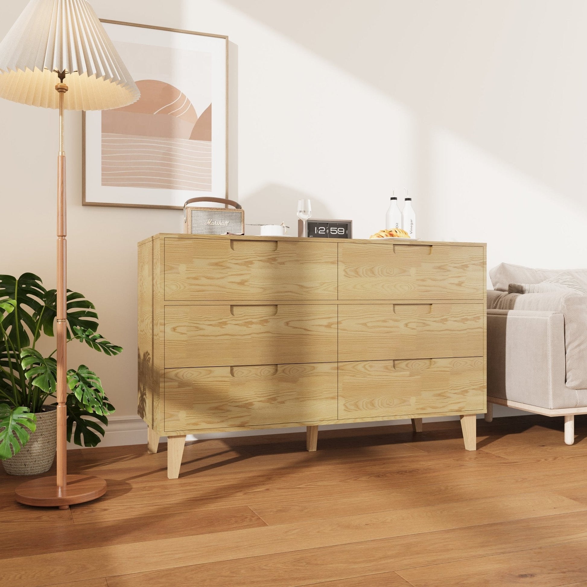 Modern 6-Drawer Dresser in Warm Caramel Finish with Wooden Legs

Bedroom Setup with Caramel 6-Drawer Storage Cabinet

Walnut Finish 6-Drawer Modern Dresser with Decorative Accents

Barcode for Modern 6-Drawer Dresser Cabinet Packaging