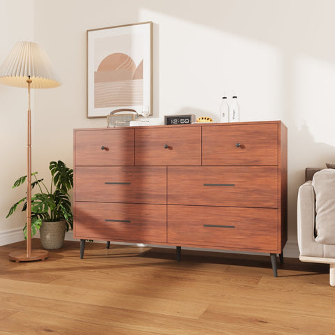 Chestnut 7-Drawer Storage Cabinet in Modern Bedroom Setting

White Modern Dresser with Wooden Legs in Entryway

Close-Up View of Cabinet Drawers and Handles

Chestnut Wood Finish on 7-Drawer Storage Dresser

White 7-Drawer Cabinet with Decorative Plants and Lamp