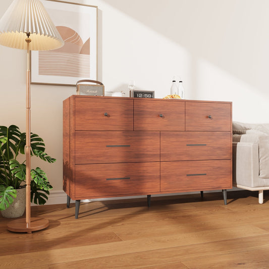 Chestnut 7-Drawer Storage Cabinet in Modern Bedroom Setting

White Modern Dresser with Wooden Legs in Entryway

Close-Up View of Cabinet Drawers and Handles

Chestnut Wood Finish on 7-Drawer Storage Dresser

White 7-Drawer Cabinet with Decorative Plants and Lamp