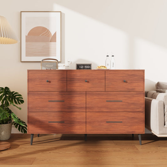 Chestnut 7-Drawer Storage Cabinet in Modern Bedroom Setting

White Modern Dresser with Wooden Legs in Entryway

Close-Up View of Cabinet Drawers and Handles

Chestnut Wood Finish on 7-Drawer Storage Dresser

White 7-Drawer Cabinet with Decorative Plants and Lamp