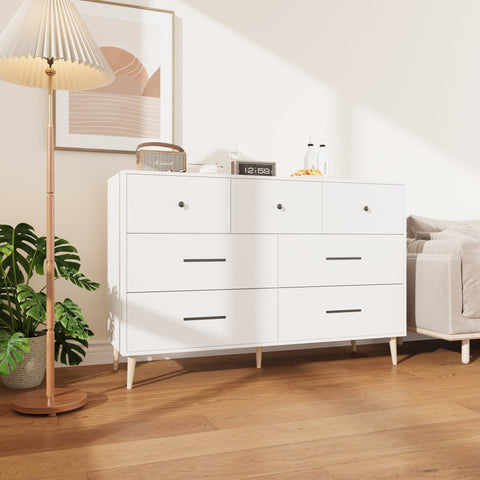Chestnut 7-Drawer Storage Cabinet in Modern Bedroom Setting

White Modern Dresser with Wooden Legs in Entryway

Close-Up View of Cabinet Drawers and Handles

Chestnut Wood Finish on 7-Drawer Storage Dresser

White 7-Drawer Cabinet with Decorative Plants and Lamp
