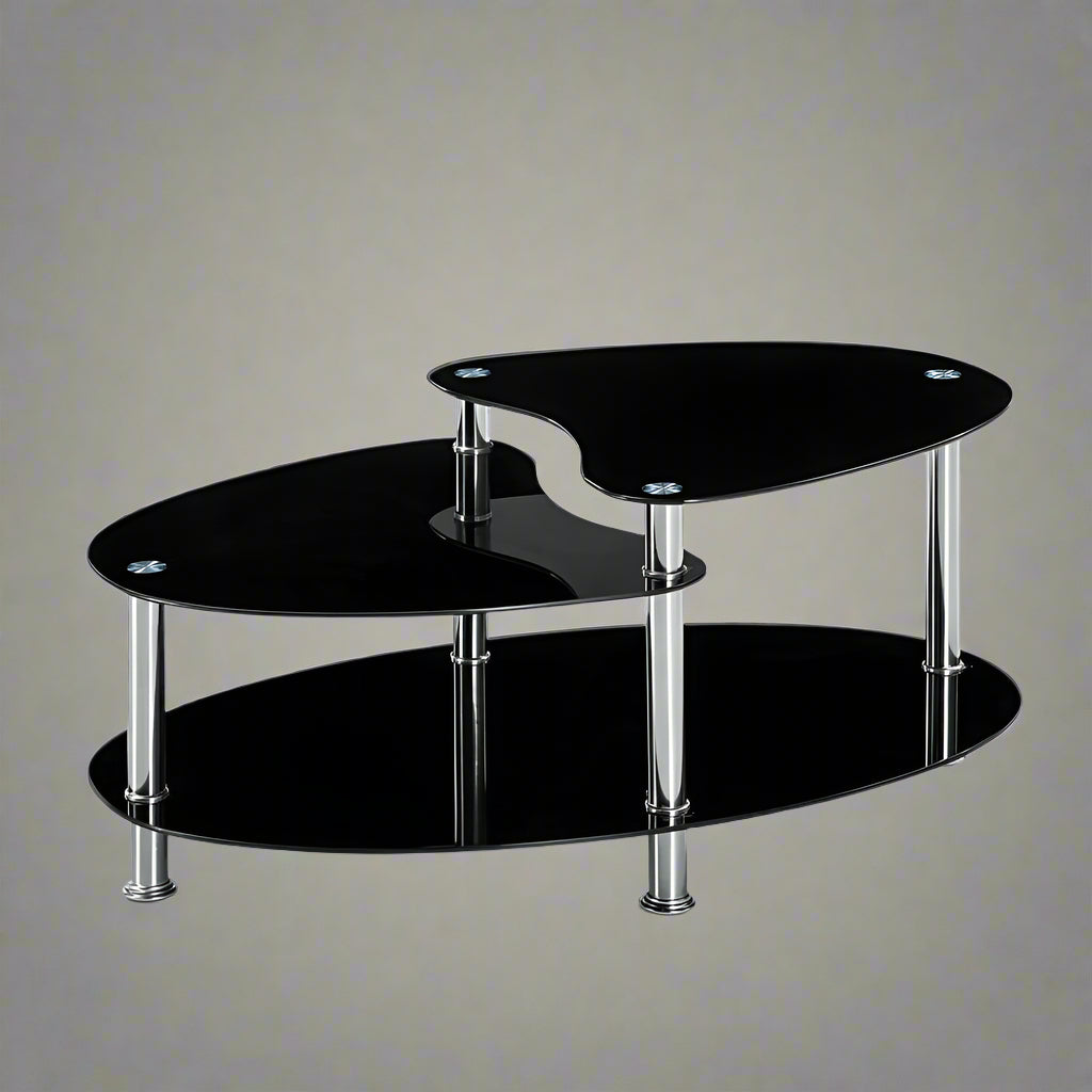 Modern Black Glass Oval Coffee Table with 3-Tier Tempered Glass and Sleek Metal Frame
