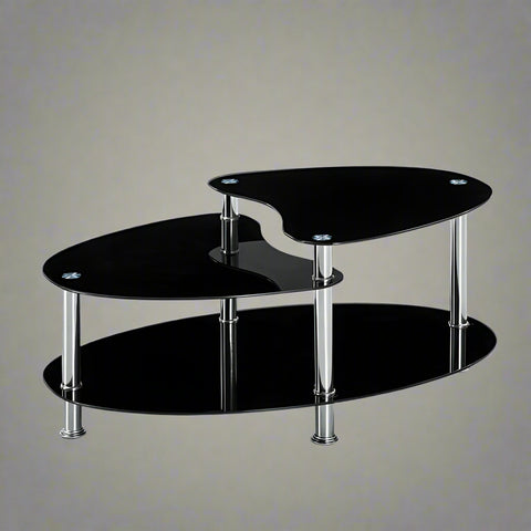 Modern Black Glass Oval Coffee Table with 3-Tier Tempered Glass and Sleek Metal Frame