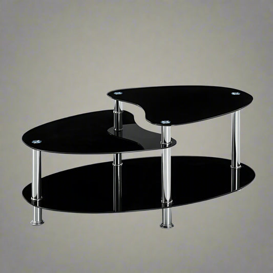Modern Black Glass Oval Coffee Table with 3-Tier Tempered Glass and Sleek Metal Frame