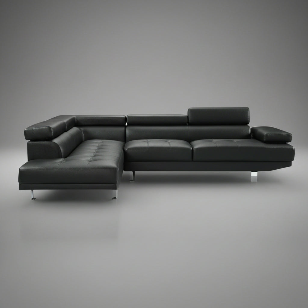 Modern Black L-Shape Sofa in Contemporary Living Room Setup

Left-Facing Sectional Sofa with Adjustable Headrests

Side Profile of L-Shaped Sectional with Leather Upholstery

Top View of Black Corner Sofa in Right Orientation

Close-Up of Seat Cushions and Stitching on Black Sectional Couch