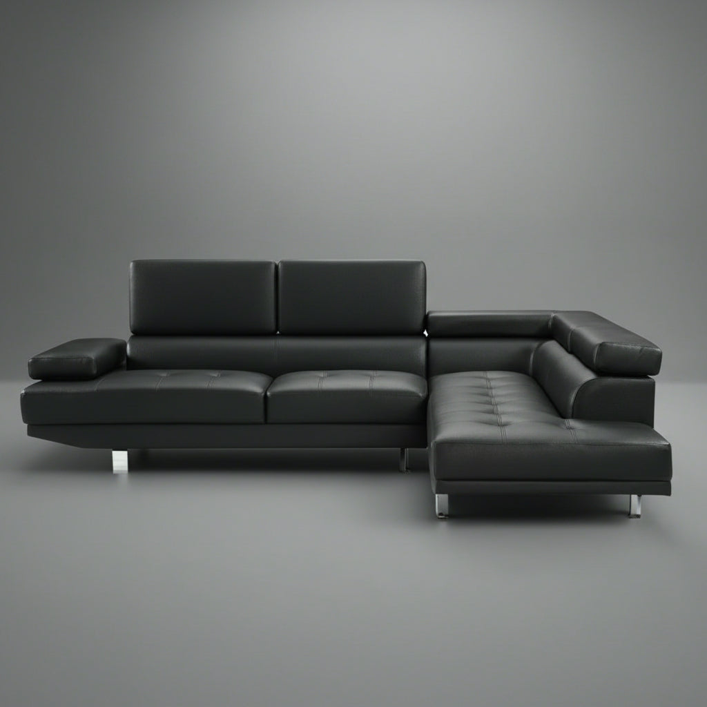 Modern Black L-Shape Sofa in Contemporary Living Room Setup

Left-Facing Sectional Sofa with Adjustable Headrests

Side Profile of L-Shaped Sectional with Leather Upholstery

Top View of Black Corner Sofa in Right Orientation

Close-Up of Seat Cushions and Stitching on Black Sectional Couch