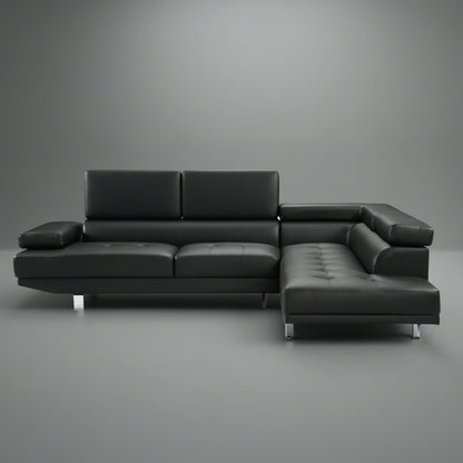 Modern Black L-Shape Sofa in Contemporary Living Room Setup

Left-Facing Sectional Sofa with Adjustable Headrests

Side Profile of L-Shaped Sectional with Leather Upholstery

Top View of Black Corner Sofa in Right Orientation

Close-Up of Seat Cushions and Stitching on Black Sectional Couch