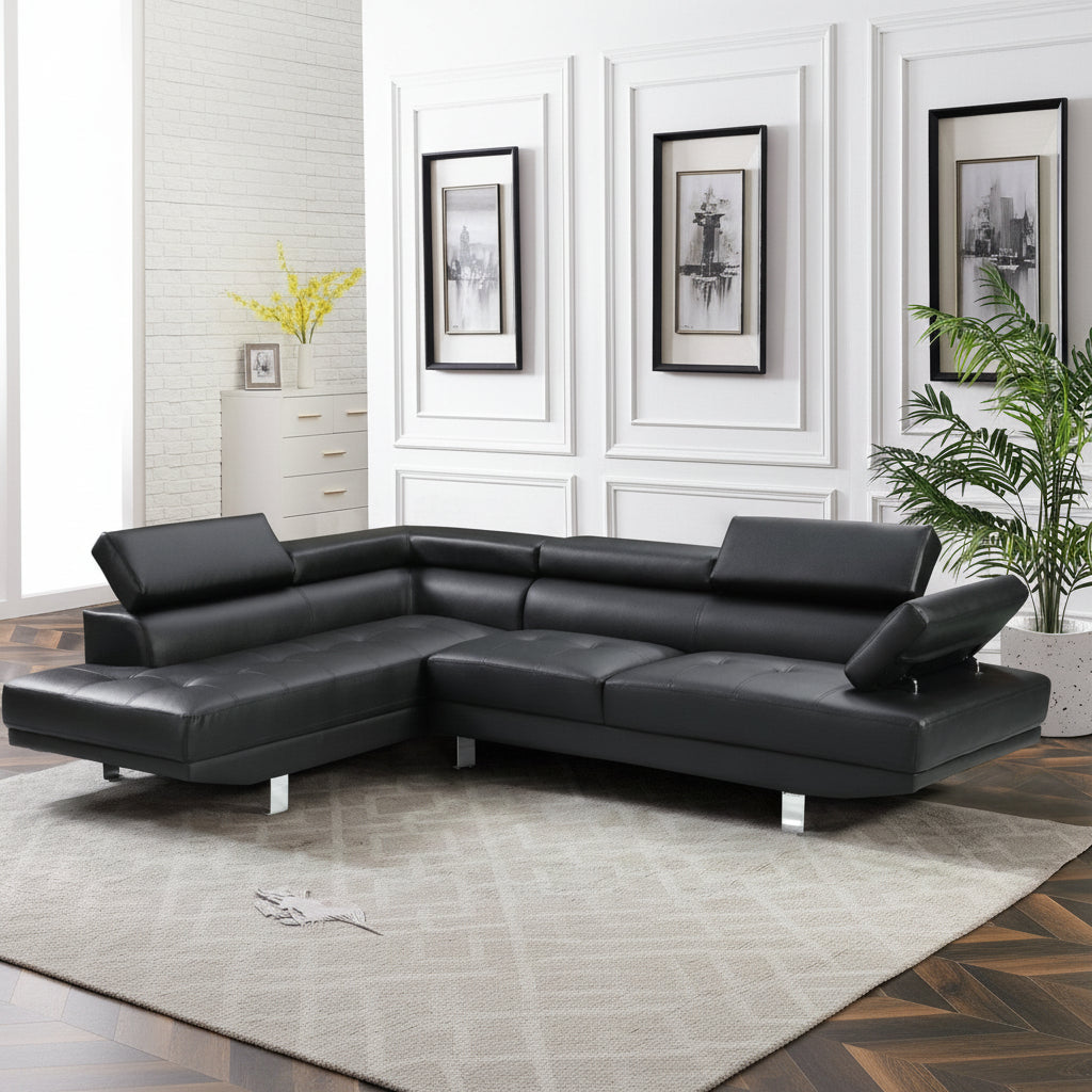 Modern Black L-Shape Sofa in Contemporary Living Room Setup

Left-Facing Sectional Sofa with Adjustable Headrests

Side Profile of L-Shaped Sectional with Leather Upholstery

Top View of Black Corner Sofa in Right Orientation

Close-Up of Seat Cushions and Stitching on Black Sectional Couch