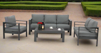 This charcoal aluminum 5-seater outdoor sofa set with coffee table
This modern weather-resistant patio lounge furniture
This Paris-style modular outdoor seating set with gray cushions
