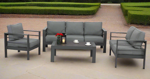 This charcoal aluminum 5-seater outdoor sofa set with coffee table
This modern weather-resistant patio lounge furniture
This Paris-style modular outdoor seating set with gray cushions