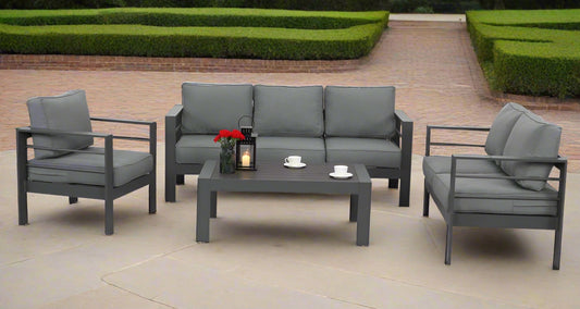 This charcoal aluminum 5-seater outdoor sofa set with coffee table
This modern weather-resistant patio lounge furniture
This Paris-style modular outdoor seating set with gray cushions