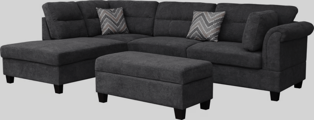 New Modern Dark Gray Sofa Set with Pillows & Ottoman – Stylish & Comfortable Living Room Furniture BT1926 - with Right | Sold by Uncle Wiener's Wholesale