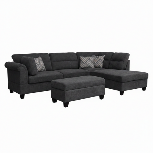 New Modern Dark Gray Sofa Set with Pillows & Ottoman – Stylish & Comfortable Living Room Furniture BT1926 - with Right | Sold by Uncle Wiener's Wholesale