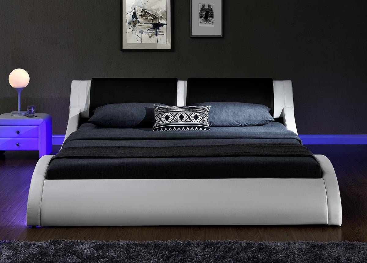 Modern S-Shape LED Platform Bed Frame – PVC Leather Upholstered King and Queen Size Bed with Remote Control Lighting