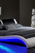 Modern S-Shape LED Platform Bed Frame – PVC Leather Upholstered King and Queen Size Bed with Remote Control Lighting