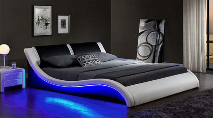 Modern S-Shape LED Platform Bed Frame – PVC Leather Upholstered King and Queen Size Bed with Remote Control Lighting