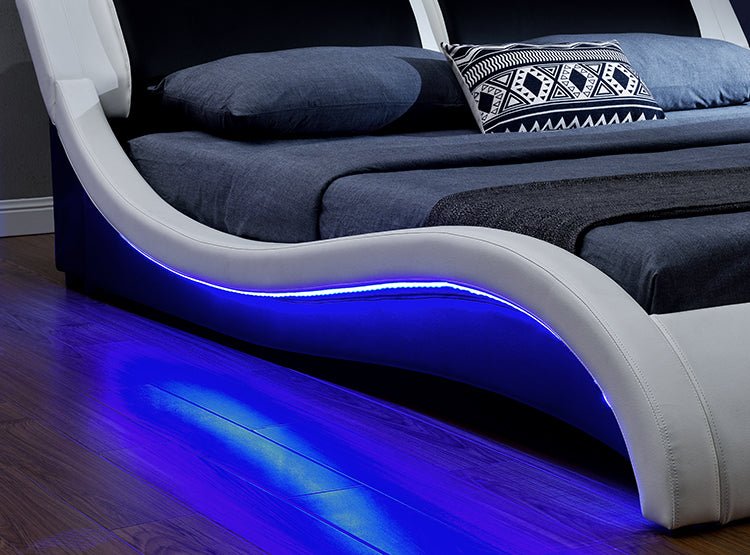 Modern S-Shape LED Platform Bed Frame – PVC Leather Upholstered King and Queen Size Bed with Remote Control Lighting