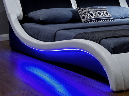 Modern S-Shape LED Platform Bed Frame – PVC Leather Upholstered King and Queen Size Bed with Remote Control Lighting
