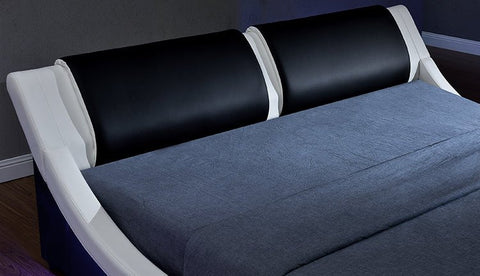 Modern S-Shape LED Platform Bed Frame – PVC Leather Upholstered King and Queen Size Bed with Remote Control Lighting