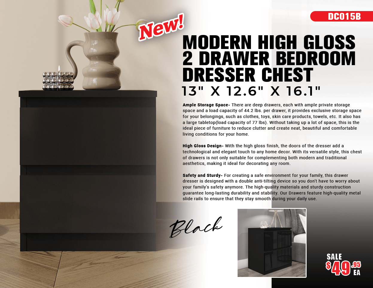 “White high gloss 2-drawer bedroom dresser”

“Black modern drawer chest with glossy finish”

“Modern white storage cabinet in bedroom setting”

“High gloss 8-drawer dresser for large storage”

“Contemporary white and black dressers for bedrooms”

