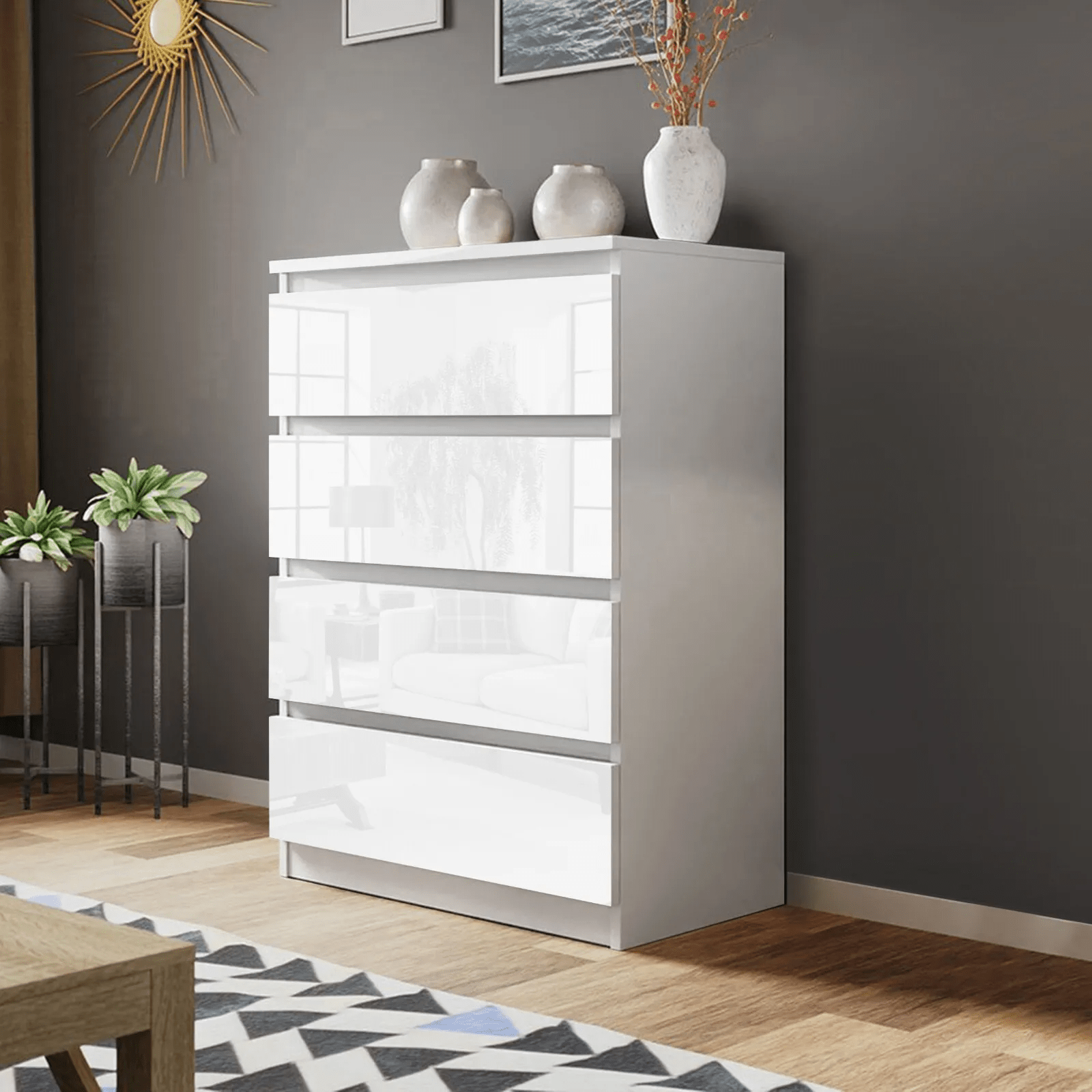 “White high gloss 2-drawer bedroom dresser”

“Black modern drawer chest with glossy finish”

“Modern white storage cabinet in bedroom setting”

“High gloss 8-drawer dresser for large storage”

“Contemporary white and black dressers for bedrooms”

