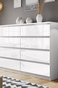 “White high gloss 2-drawer bedroom dresser”

“Black modern drawer chest with glossy finish”

“Modern white storage cabinet in bedroom setting”

“High gloss 8-drawer dresser for large storage”

“Contemporary white and black dressers for bedrooms”

