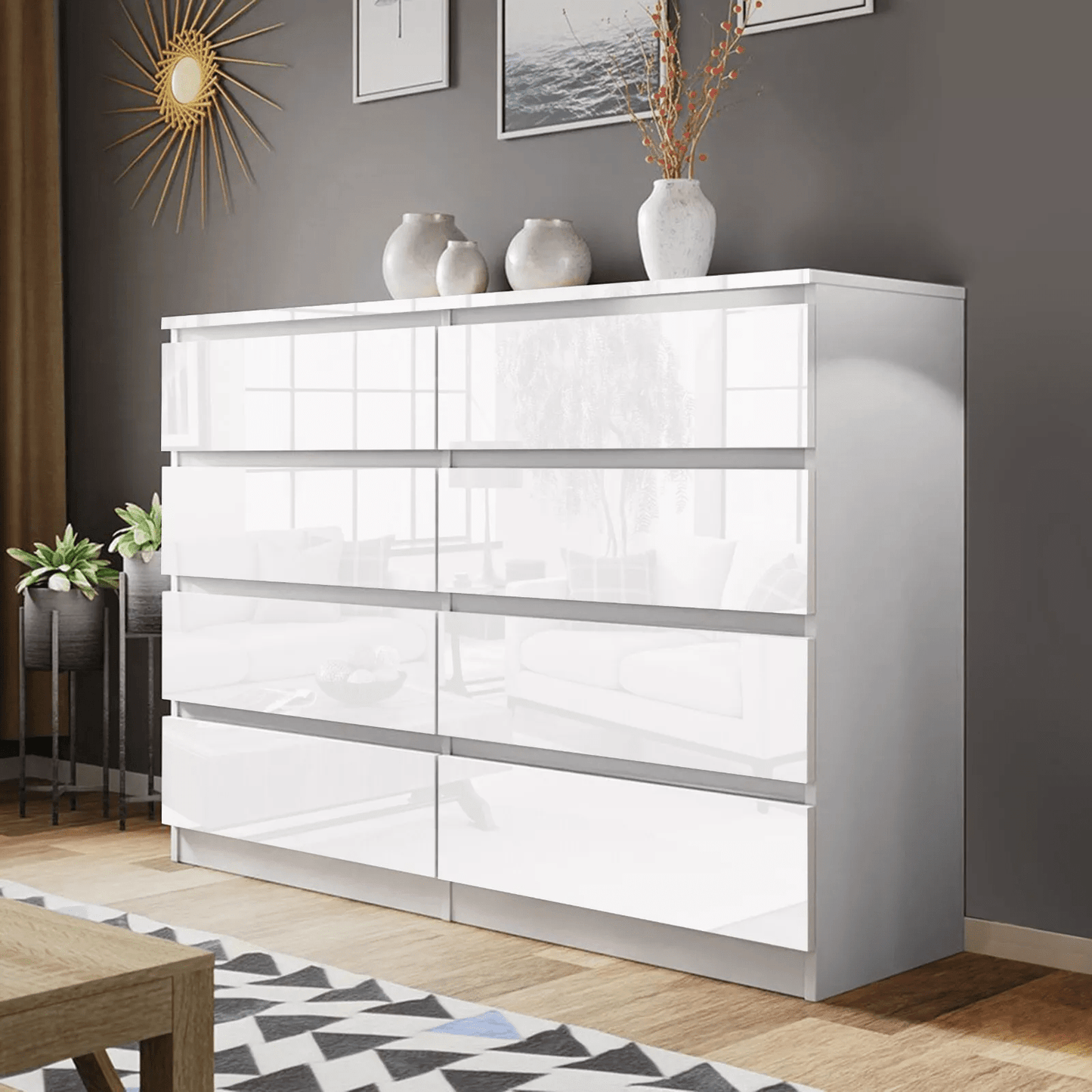 “White high gloss 2-drawer bedroom dresser”

“Black modern drawer chest with glossy finish”

“Modern white storage cabinet in bedroom setting”

“High gloss 8-drawer dresser for large storage”

“Contemporary white and black dressers for bedrooms”

