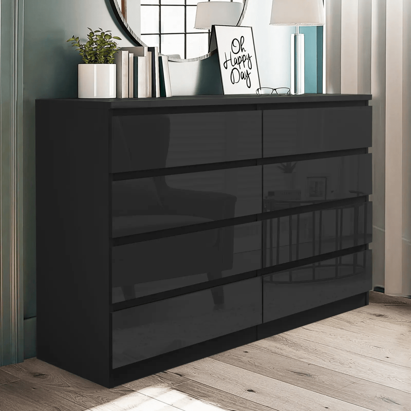 “White high gloss 2-drawer bedroom dresser”

“Black modern drawer chest with glossy finish”

“Modern white storage cabinet in bedroom setting”

“High gloss 8-drawer dresser for large storage”

“Contemporary white and black dressers for bedrooms”

