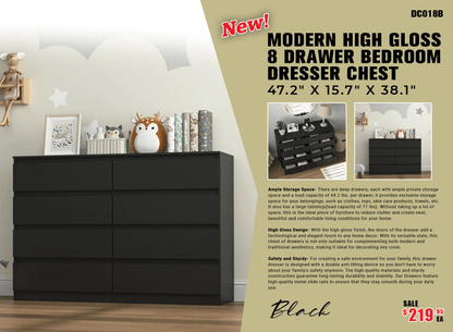 “White high gloss 2-drawer bedroom dresser”

“Black modern drawer chest with glossy finish”

“Modern white storage cabinet in bedroom setting”

“High gloss 8-drawer dresser for large storage”

“Contemporary white and black dressers for bedrooms”

