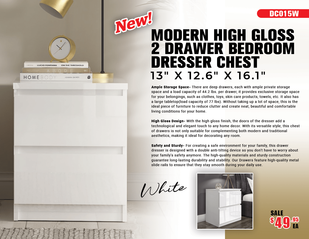 “White high gloss 2-drawer bedroom dresser”

“Black modern drawer chest with glossy finish”

“Modern white storage cabinet in bedroom setting”

“High gloss 8-drawer dresser for large storage”

“Contemporary white and black dressers for bedrooms”

