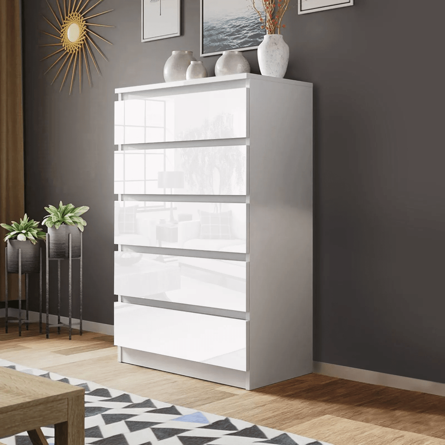 “White high gloss 2-drawer bedroom dresser”

“Black modern drawer chest with glossy finish”

“Modern white storage cabinet in bedroom setting”

“High gloss 8-drawer dresser for large storage”

“Contemporary white and black dressers for bedrooms”

