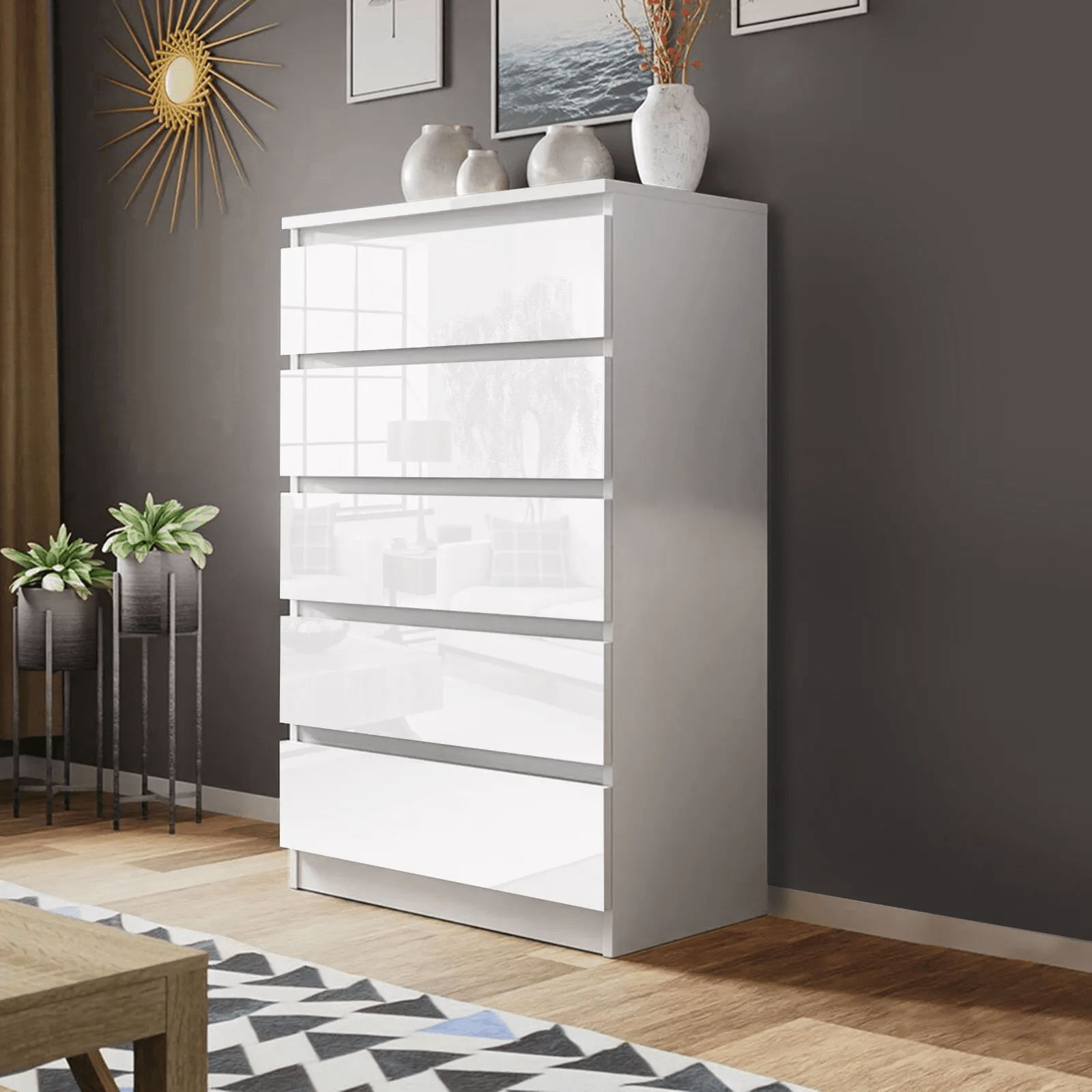“White high gloss 2-drawer bedroom dresser”

“Black modern drawer chest with glossy finish”

“Modern white storage cabinet in bedroom setting”

“High gloss 8-drawer dresser for large storage”

“Contemporary white and black dressers for bedrooms”

