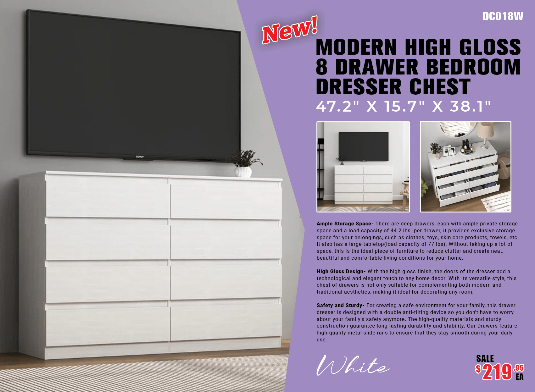 “White high gloss 2-drawer bedroom dresser”

“Black modern drawer chest with glossy finish”

“Modern white storage cabinet in bedroom setting”

“High gloss 8-drawer dresser for large storage”

“Contemporary white and black dressers for bedrooms”

